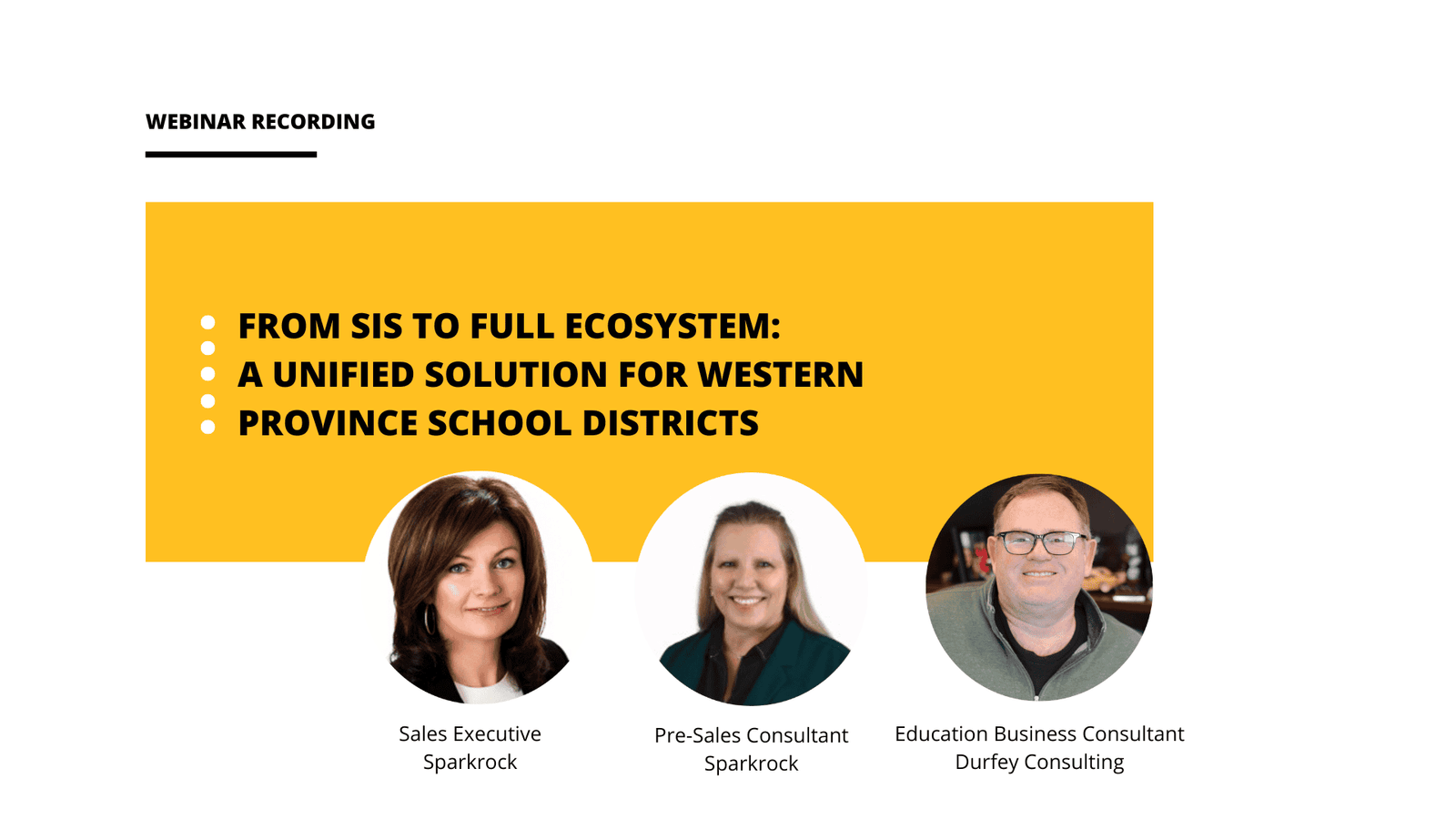K12 Ecosystem Webinar Title Slide with images of Meg Wilson and Wendy Brown of Sparkrock, and Dexter Durfey, Education Consultant.